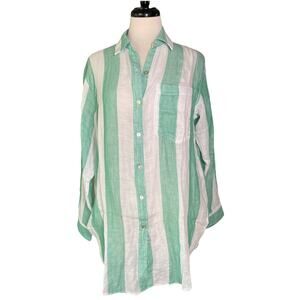 Rails 100% Organic Cotton White/ Green Stripe Button Up Long Sleeve Women’s Top